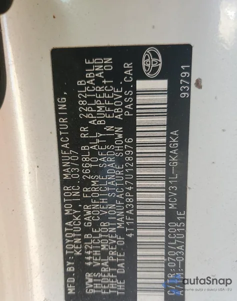 2007 Toyota Camry Solara Se из США, поврежденный, VIN 4T1FA38P47U128976